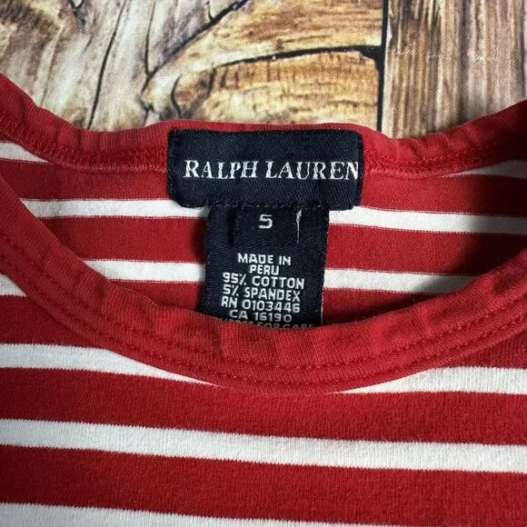 Ralph Lauren Girls Sz 5 Red White Stripe Long Sleeve Shirt Top Pocket Blue Pony - Picture 4 of 5